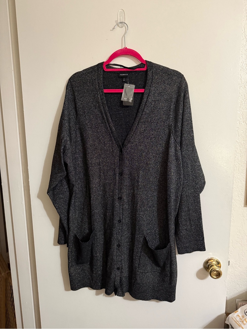 Torrid - Gold Sparkle Charcoal Gray Long V-Neck Button Cardigan